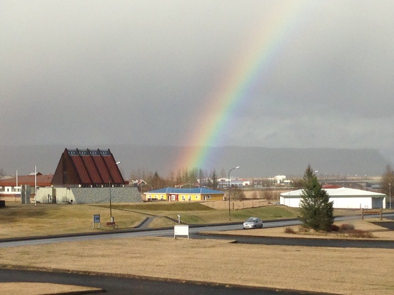 A fortuitous rainbow over the Jón Steingrímsson memorial chapel, Klaustur, Iceland.