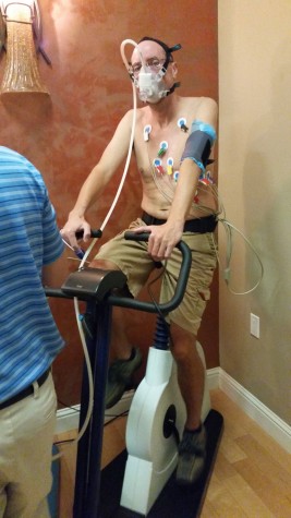 The cardio-pulmonary exercise test; the author, way skinnier than he should be, pedaled for eight whole minutes before collapsing. 