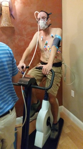 The cardio-pulmonary exercise test; the author, way skinnier than he should be, pedaled for eight whole minutes before collapsing.