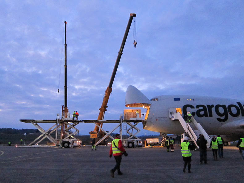 February 20, 2013: A cargo jet in Payerne, Switzerland, waits to swallow up the Solar Impulse.