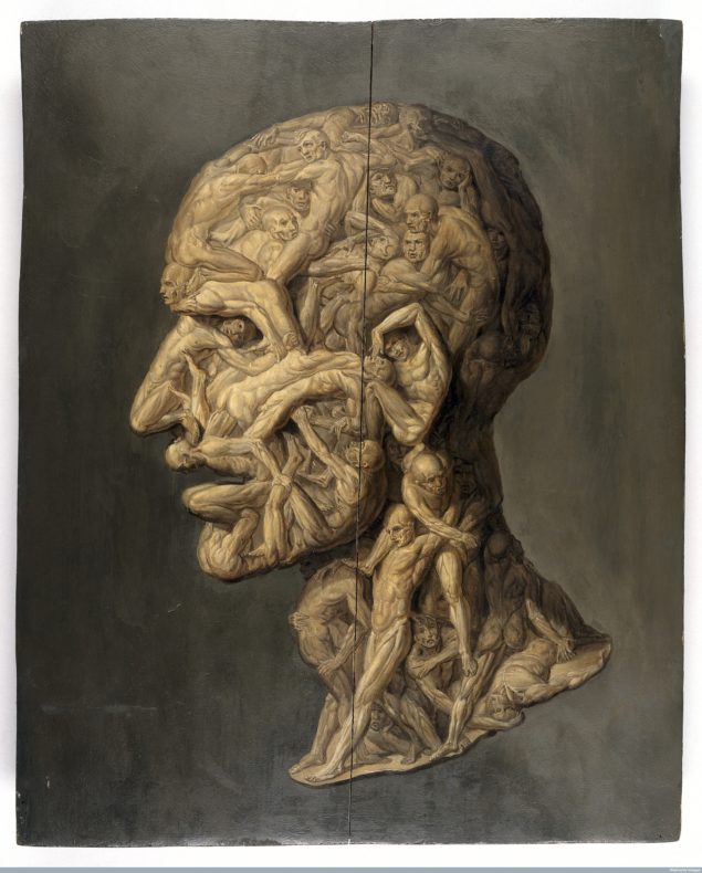 L0013119 Testa anatomica; man's head made up of writhing male figures. Credit: Wellcome Library, London. Wellcome Images images@wellcome.ac.uk http://wellcomeimages.org Testa anatomica; profile view of male human head composed of writhing, apparently tormented naked men. Pre-conservation image shows a crack down the centre of the painting. See image L0069617 for post-conservation treatment. Oil By: Filippo BalbiPublished: - Copyrighted work available under Creative Commons Attribution only licence CC BY 4.0 http://creativecommons.org/licenses/by/4.0/