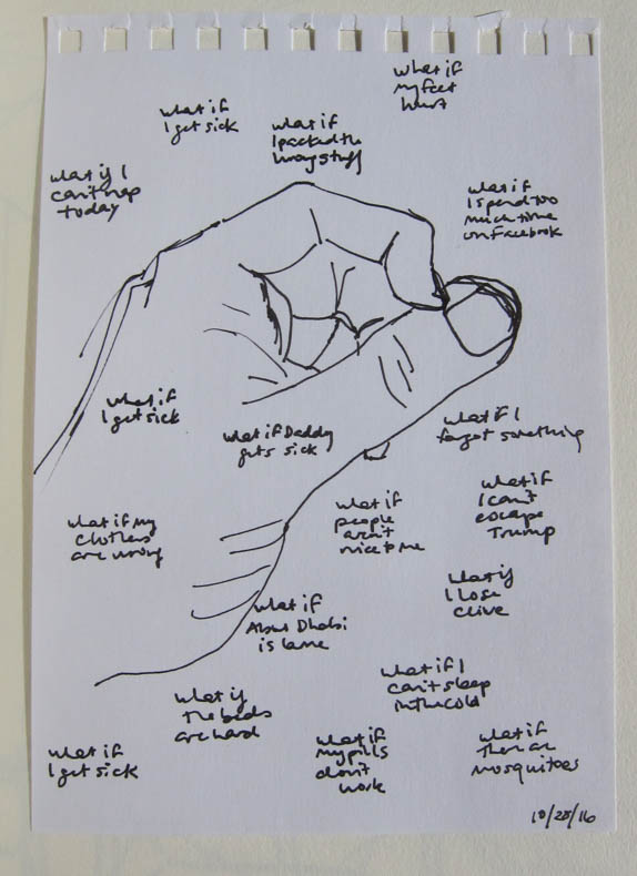 drawing a hand, with topics of worry written over it