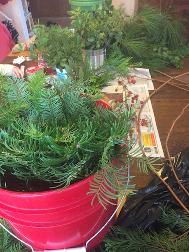 Small boughs in buckets on a table with wire, grapevines, and other gear