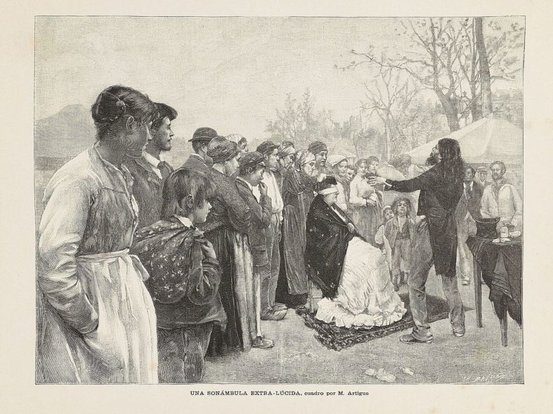 an etching of a crowd, a man performing a mind reading trick on a seated woman