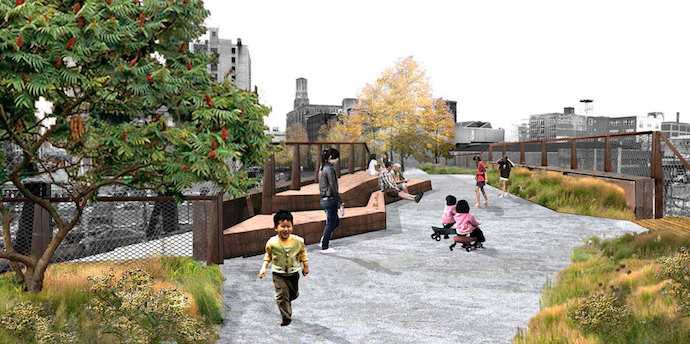 An image of people in a park with grasses, sumac, and wide paths