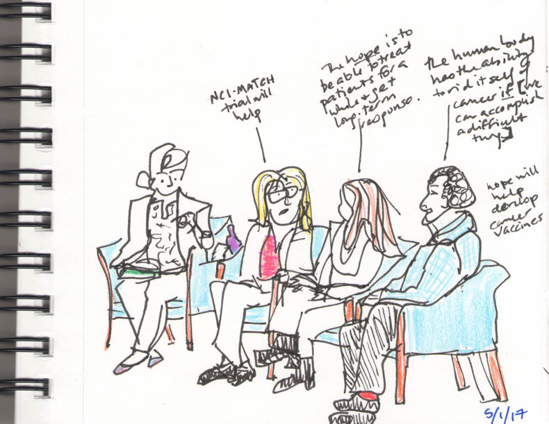 Drawing of four people in chairs, more cartoony than the earlier drawings. 