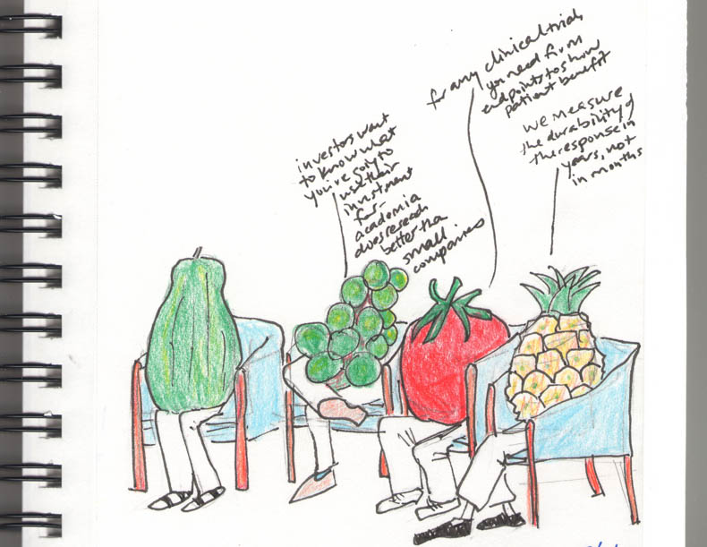 Drawing of four fruits in chairs. From left to right: papaya, bunch of grapes, tomato, pineapple.