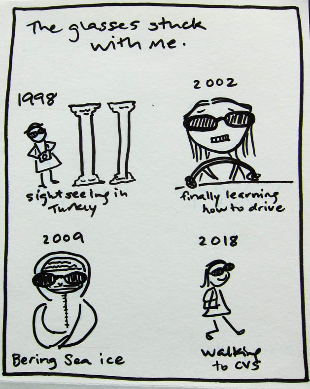 The glasses stuck with me. 1998, Sightseeing in Turkey. 2002, finally learning how to drive. 2009, Bering Sea ice. 2018, walking to CVS.