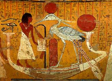 An image from an Egyptian papyrus of a person on a boat with a large heron, who is the god Bennu