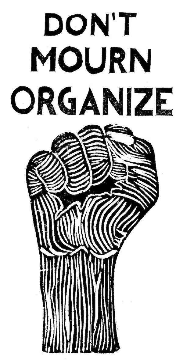 A print of a raised fist with the words "DON'T MOURN, ORGANIZE"