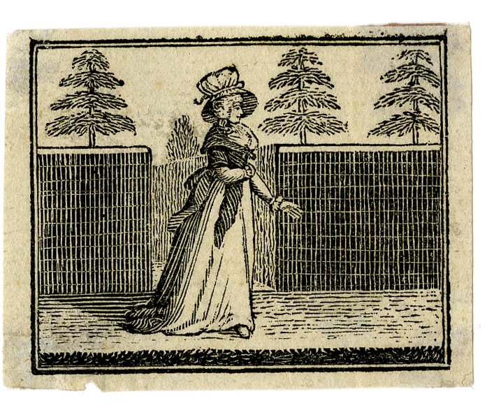 A woodcut of lady walking along a garden path in profile