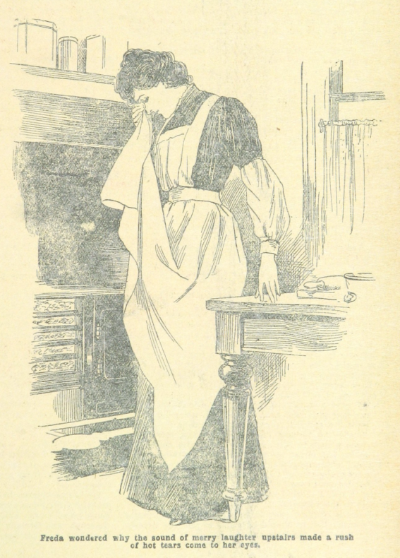 An old illustration of a crying woman, drying her eyes on her apron. 