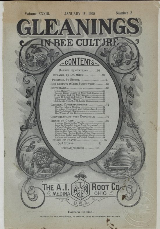 The cover of the Jan. 15, 1905 cover of Gleanings in Bee Culture