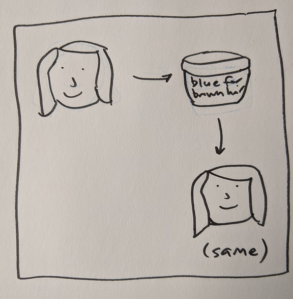 Cartoon showing my head; a tub of hair dye; my head again. My head looks the same. 