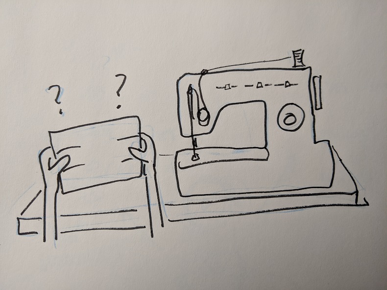 Cartoon of a sewing machine, two hands holding a piece of fabric, and some question marks. 