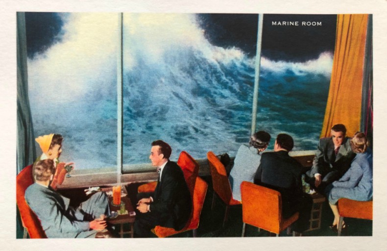 postcard of people and a wave
