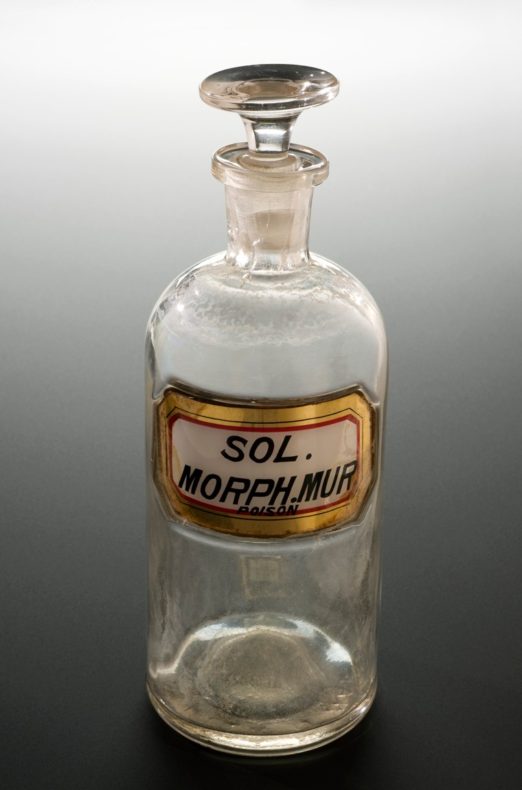 An old-time glass bottle labelled morphine
