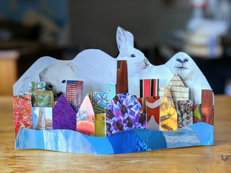 A collage of a city with a bunny in the background