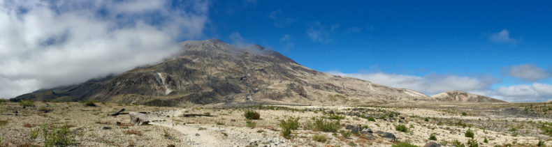 Mount St. Helens, blue sky, some clouds. 