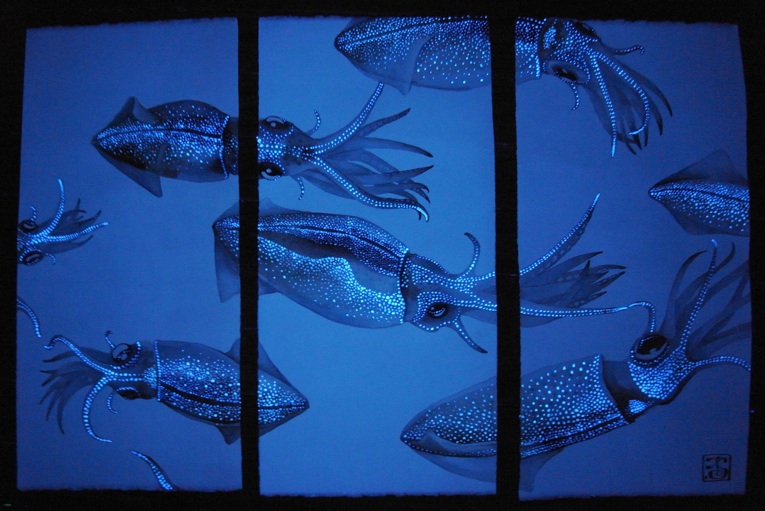 A modern triptych painting of bioluminescent squid, their cells all lit up.