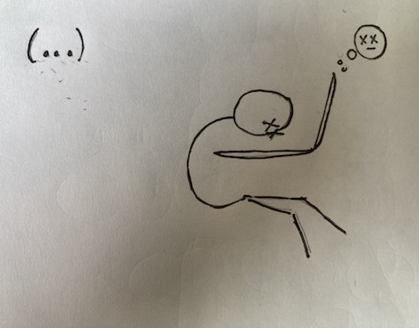 A stick figure sits collapsed over a dead laptop. All is silence. 