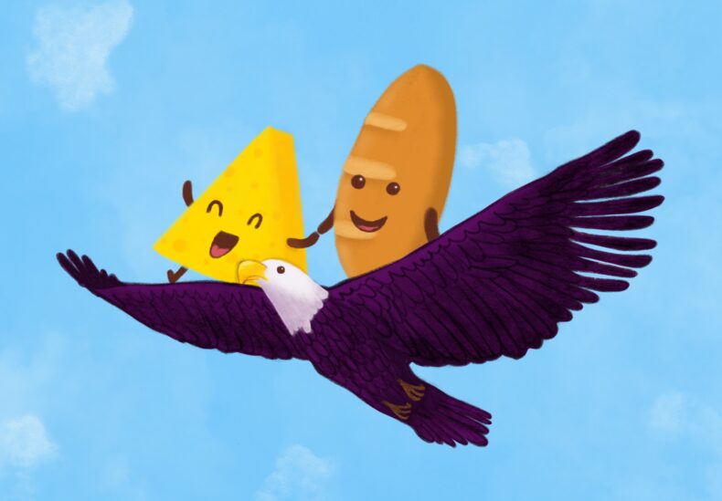 Cartoon drawing of a beaming wedge of yellow cheese and a happy baguette riding a purple bald eagle through a blue sky