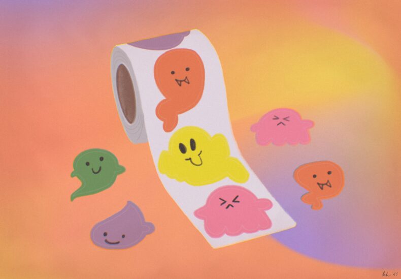 Illustration of a roll of colorful ghost stickers. Each ghost is making a silly face.