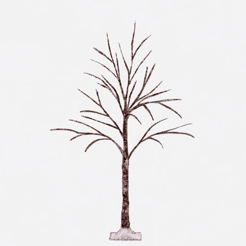 Colored pencil drawing of a spindly, barren, dark-brown artificial tree on a square base.