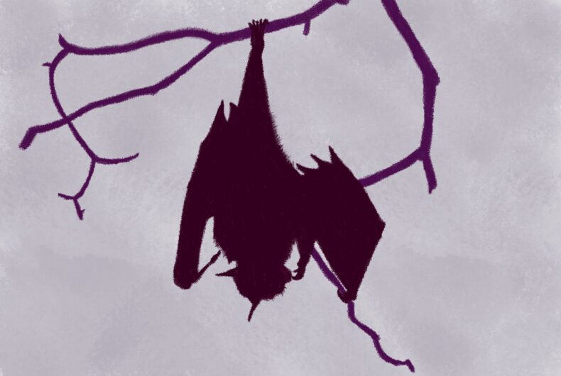 Colored pencil drawing of a deep burgundy bat hanging by one foot from a dark purple branch against a lavender-gray sky