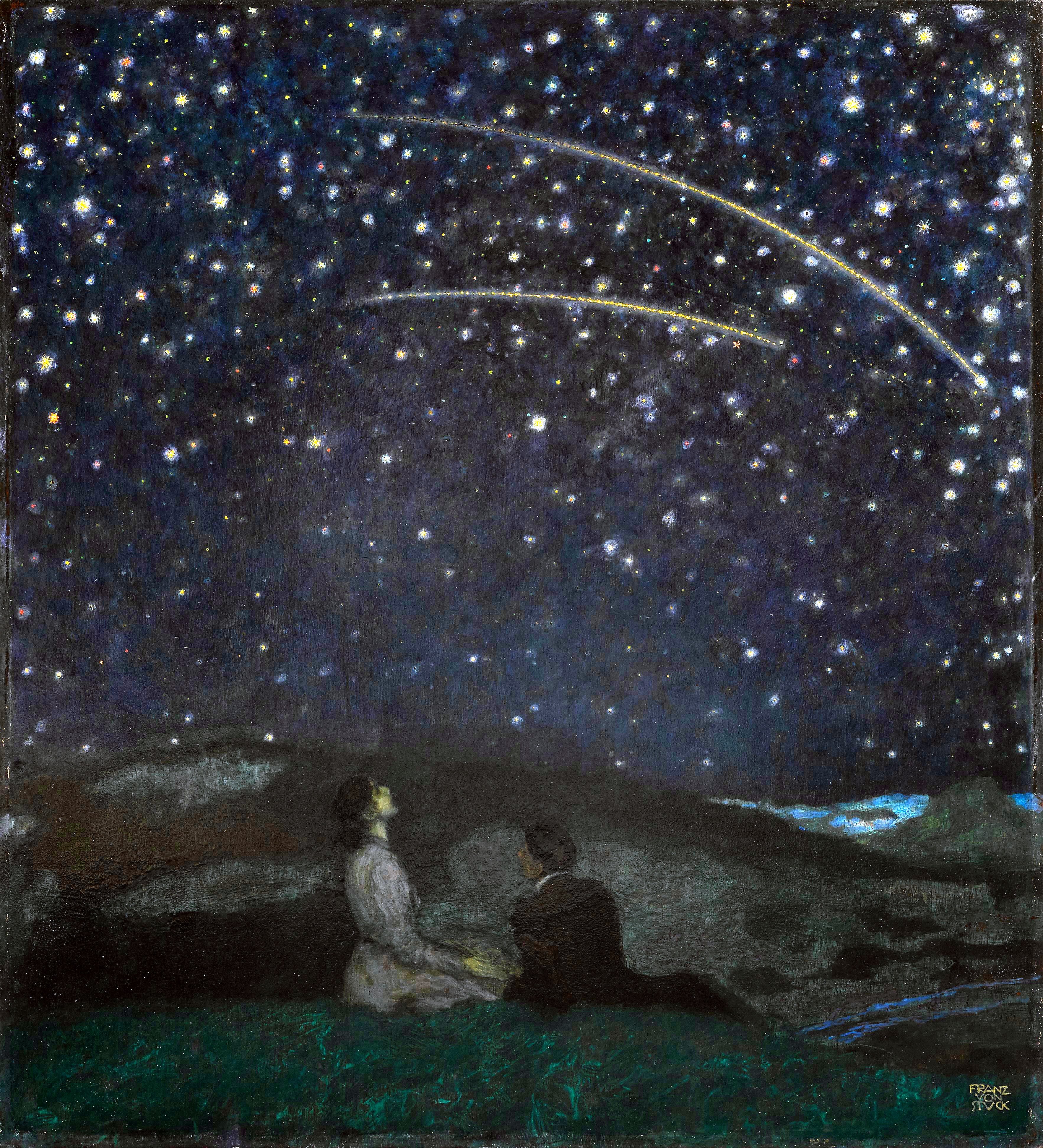 Painting of two people seated in the grass at night, looking up with awe at a sky full of stars and two meteors.