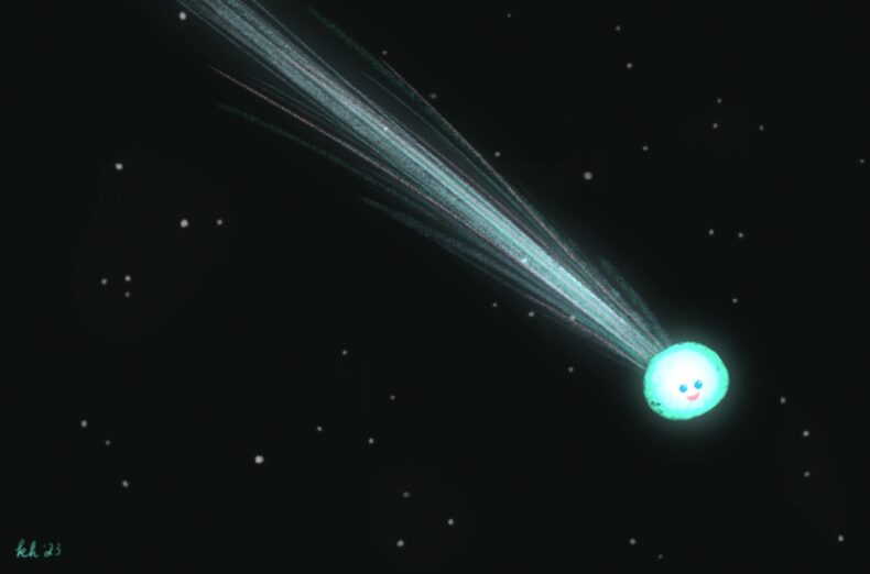 Cartoon illustration of a happy blue comet plummeting through the dark sky.