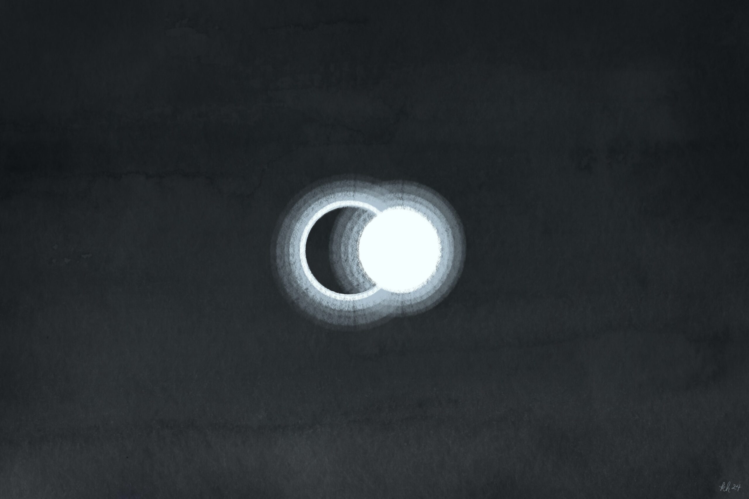 Abstract rendering of a total eclipse in watercolor and pastels. The sun and moon are overlapping circles, with concentric rings emanating from each.